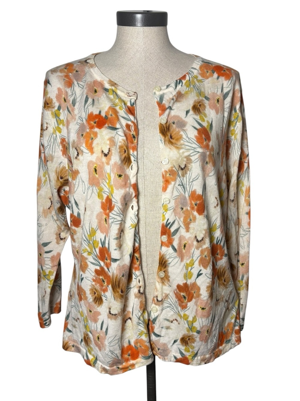 Garnet Hill XL 100% Merino Wool Floral Cardigan Lightweight Spring Sweater - Picture 3 of 8